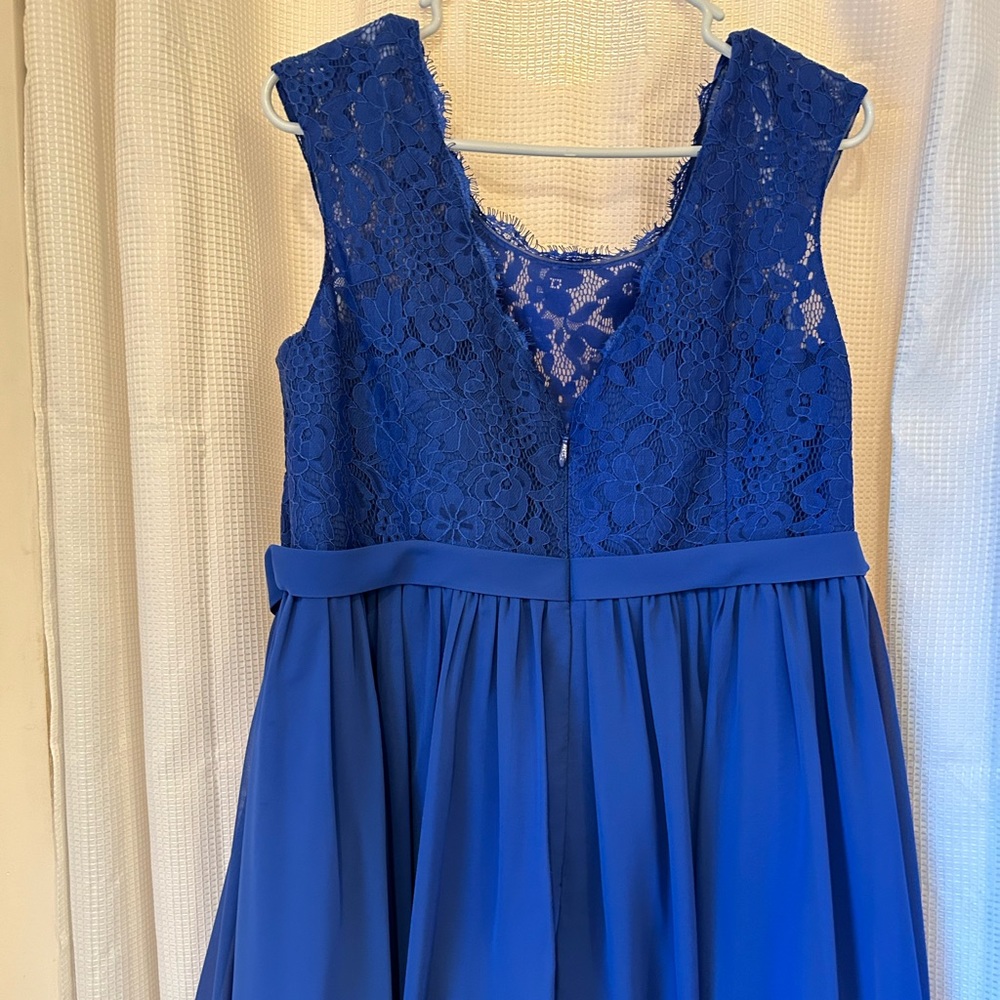 Blue Azazie knee length bridesmaid dress. Lace in top, chiffon bottom, no pocket
